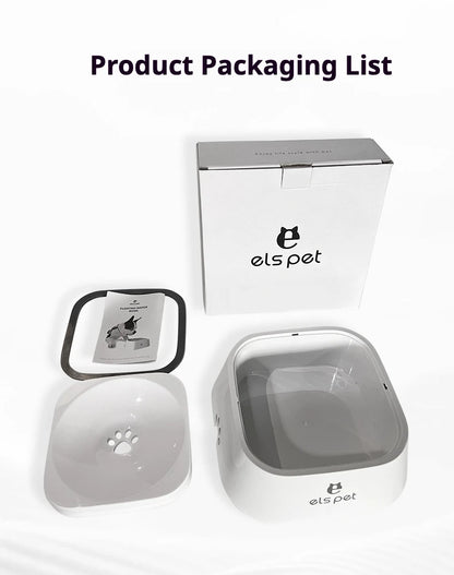Dog water bowl set with lid, seal ring, manual, and packaging box on white background