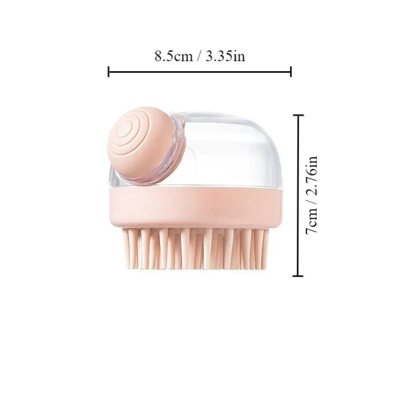 Pink dog shower brush with shampoo dispenser, soft silicone pet grooming and bathing brush for long hair dogs and cats, 8.5cm x 7cm