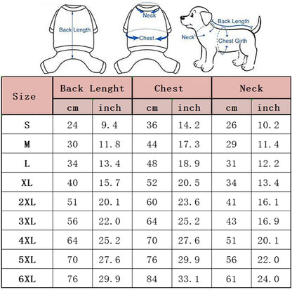 Dog clothing size chart with measurements for back length, chest, and neck in cm and inches.