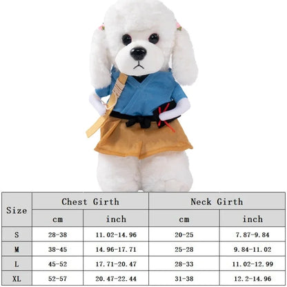 White dog wearing samurai costume with dog clothing size chart below.