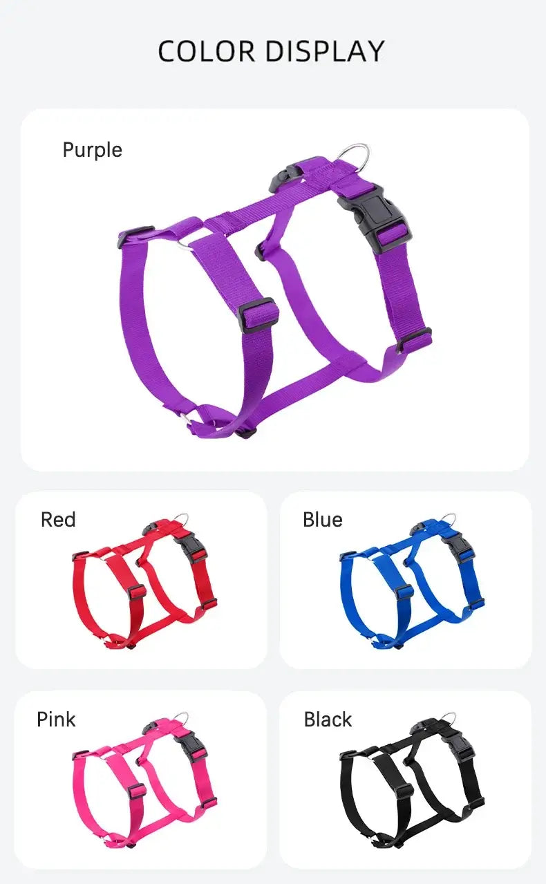 adjustable dog harness in purple, red, blue, pink and black, lightweight washable H-shaped dog harness for outdoor travel
