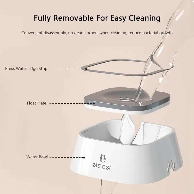 no-spill dog water bowl with removable parts, float plate, and splash-proof design for easy cleaning