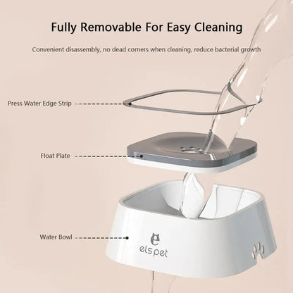 no-spill dog water bowl with removable parts, float plate, and splash-proof design for easy cleaning