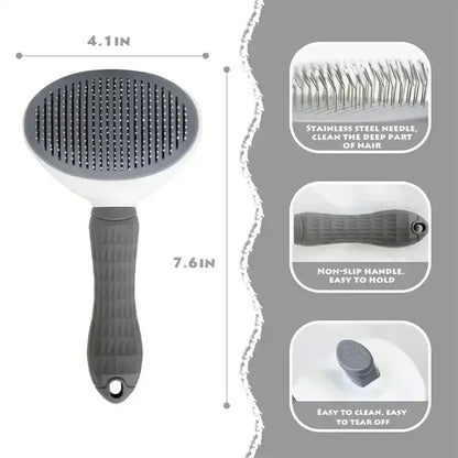self cleaning pet grooming brush for dogs and cats, stainless steel needles, non-slip handle, easy clean deshedding tool