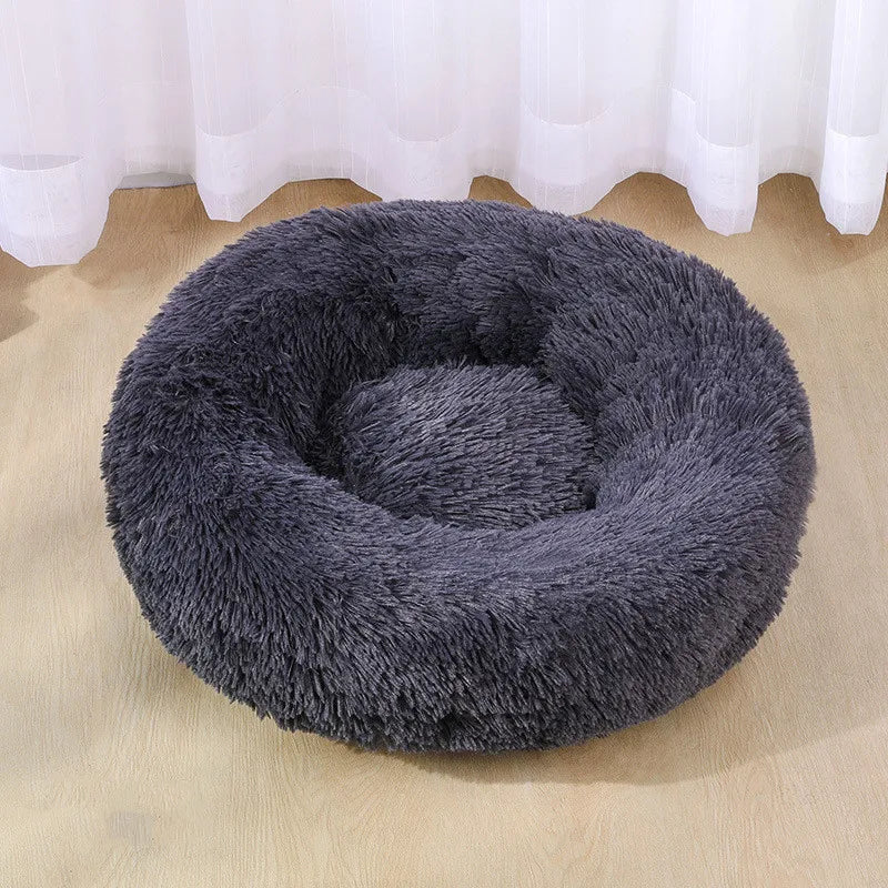 washable donut dog bed dark grey plush raised rim pet bed for dogs and cats, breathable and calming