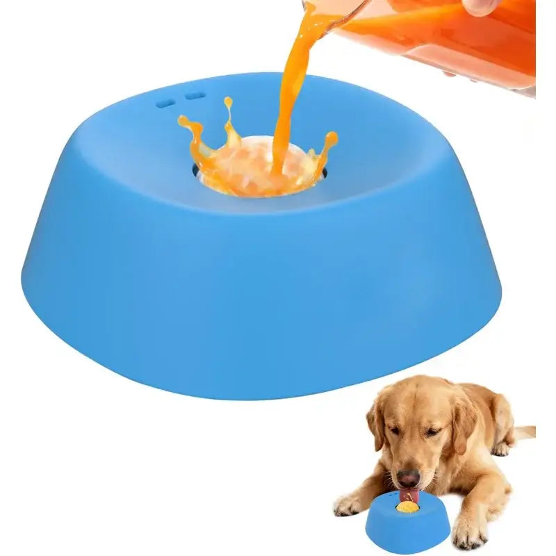 Blue slow feeder dog bowl for liquid treats, non-slip anti-choking design, ideal for bone broth and yogurt