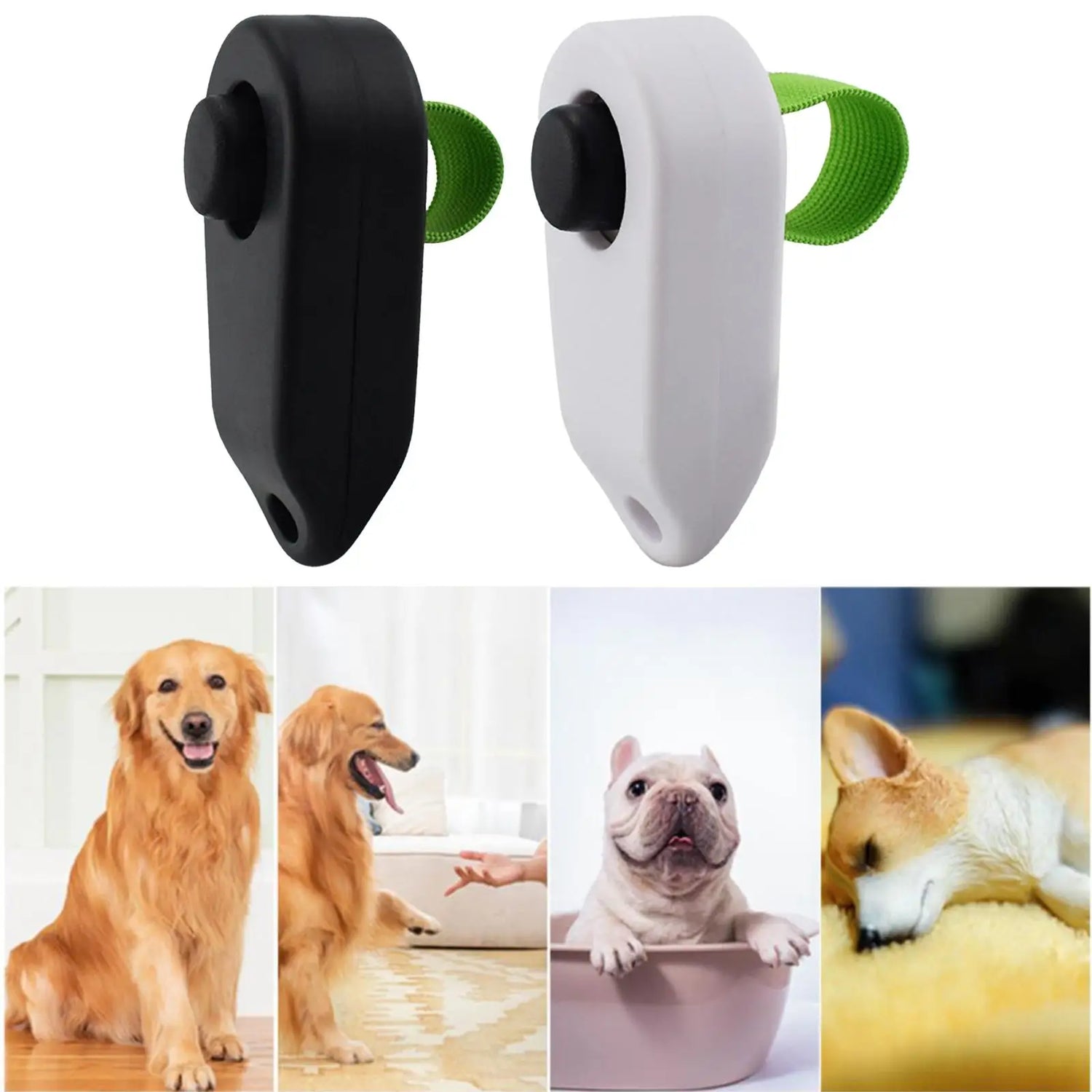Black and white dog training clickers with green straps, shown above photos of different dog breeds.