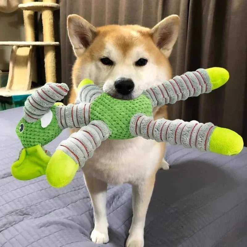 Shiba Inu holding plush dog chew toy, green stuffed animal teething toy for small and medium dogs