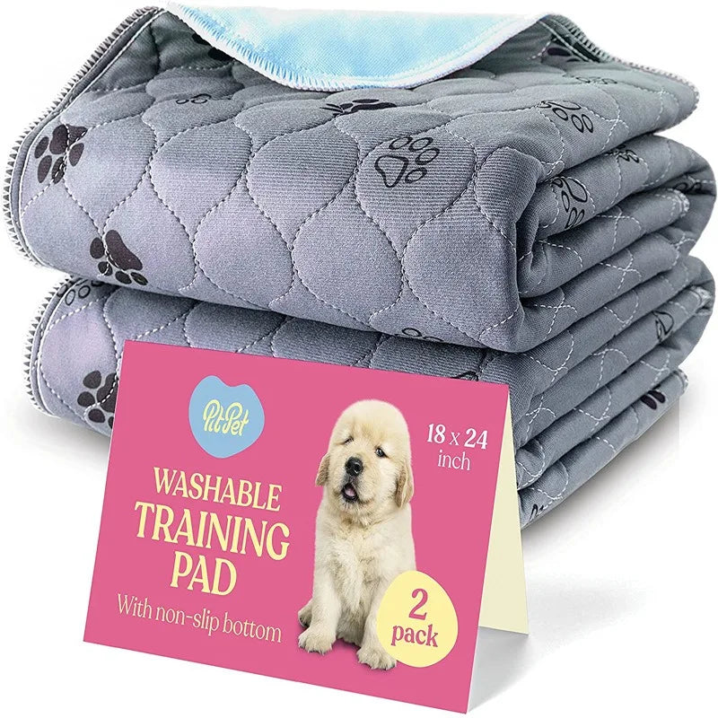 Gray washable dog training pad with paw print design, 18x24 inch, non-slip, 2 pack