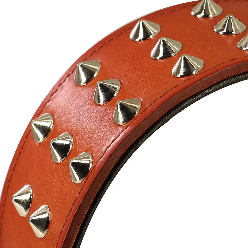 Spiked wide leather dog collar for large dogs, genuine padded brown studded collar for Rottweiler and Pitbull