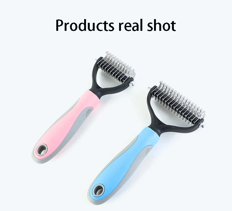 double sided pet deshedding brush for dogs and cats, stainless steel grooming rake, pink and blue handle