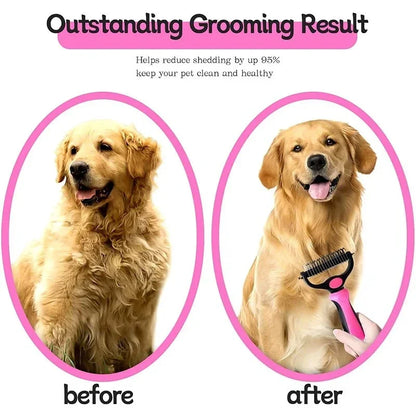 self cleaning pet deshedding brush for dogs and cats, reduces shedding, removes loose hair, before and after grooming results