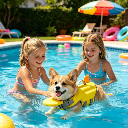 Two girls helping a corgi wearing an adjustable dog life jacket in a pool for safe swimming and water play