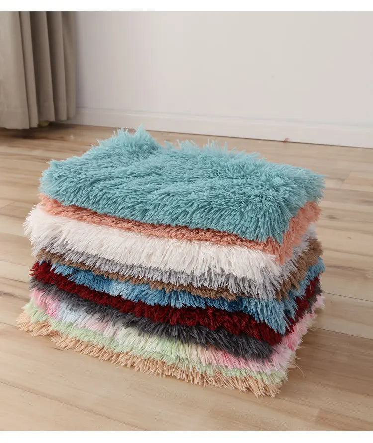 washable plush dog blanket mat for dogs and cats, soft warm winter sleeping bed, stacked colorful shaggy pet mats