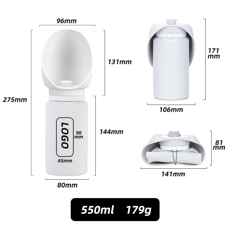 White collapsible dog water bottle 550ml with drinking tray, portable leak-proof pet hydration dispenser for outdoor travel