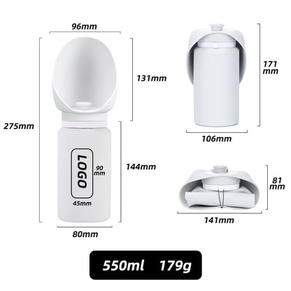 White collapsible dog water bottle 550ml with drinking tray, portable leak-proof pet hydration dispenser for outdoor travel
