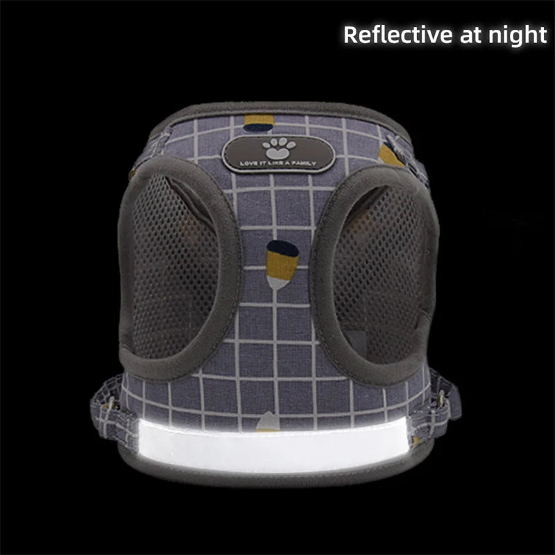 Reflective adjustable cat and small dog harness and leash set, breathable mesh vest for night walking