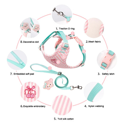Small dog harness leash set with cute plush doll, adjustable mesh vest harness for small dogs, pink and mint fashion walking accessory