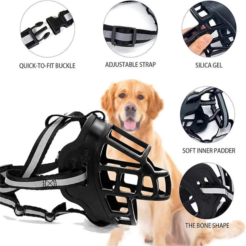 Adjustable black dog muzzle with soft padding, quick buckle, and silica gel, shown on a dog