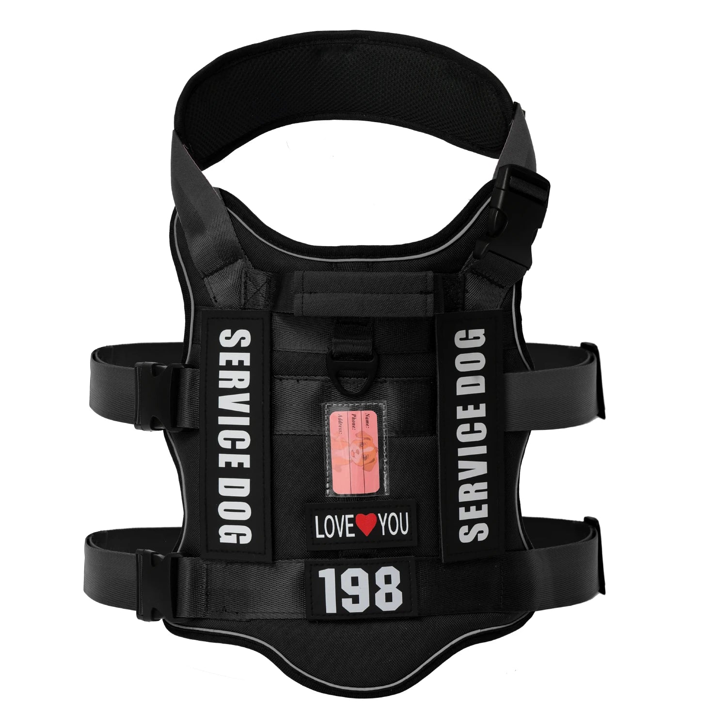Black service dog harness vest with adjustable straps, patches, ID holder, and handle