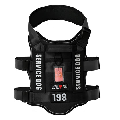 Black service dog harness vest with adjustable straps, patches, ID holder, and handle