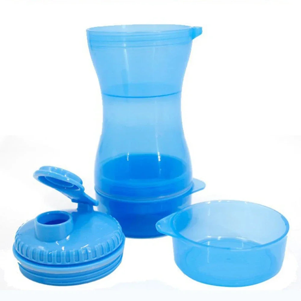 Blue portable dog water bottle with detachable bowl and lid for pet travel hydration