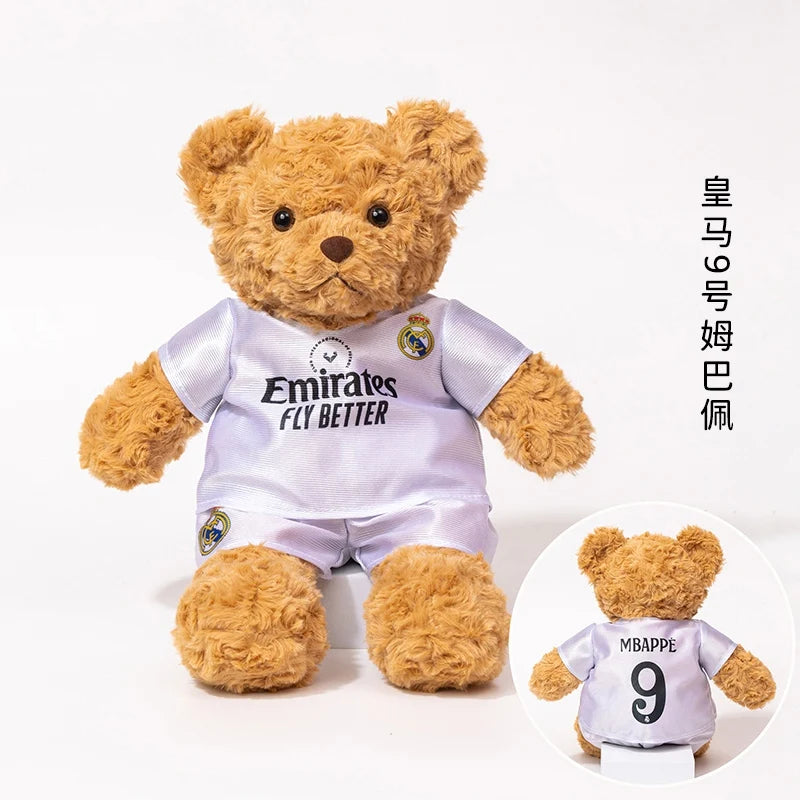 plush football player toy Mbappe Real Madrid teddy bear doll in white jersey, souvenir for children
