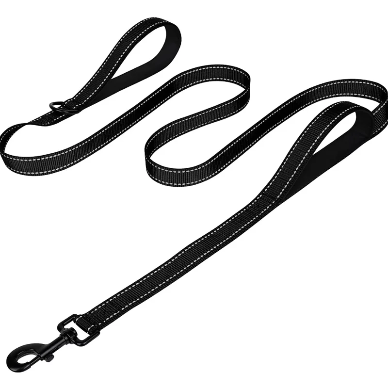heavy duty double handle dog leash, black XL nylon with reflective strips for night safety, ideal for large and extra large breeds