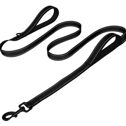 heavy duty double handle dog leash, black XL nylon with reflective strips for night safety, ideal for large and extra large breeds
