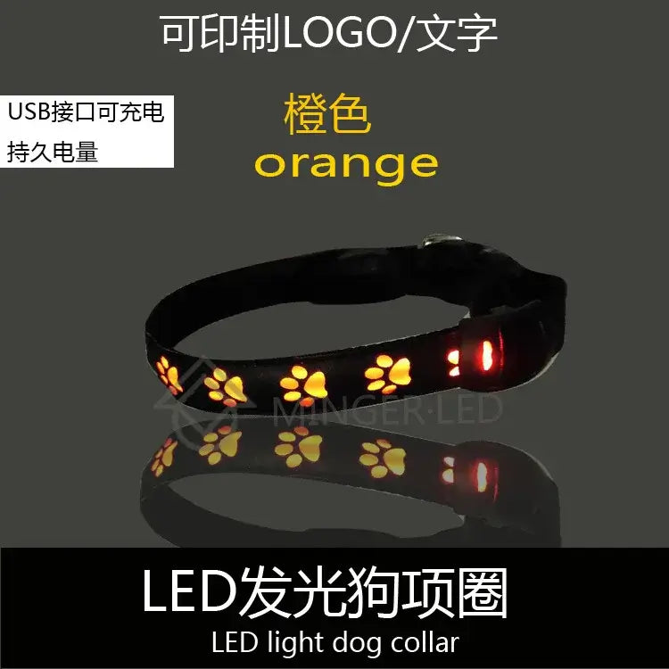 Orange luminous safety dog collar with LED paw prints, USB rechargeable, reflective, breakaway pet collar for walking safety