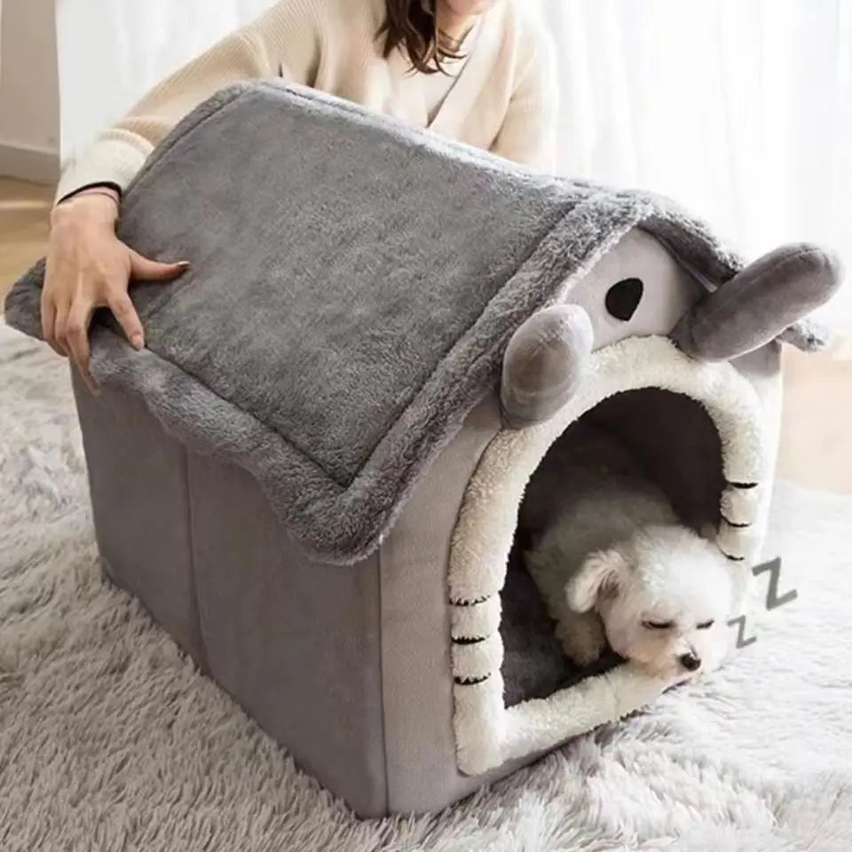 dog house style bed for small dogs, removable washable plush pet house bed for winter warmth