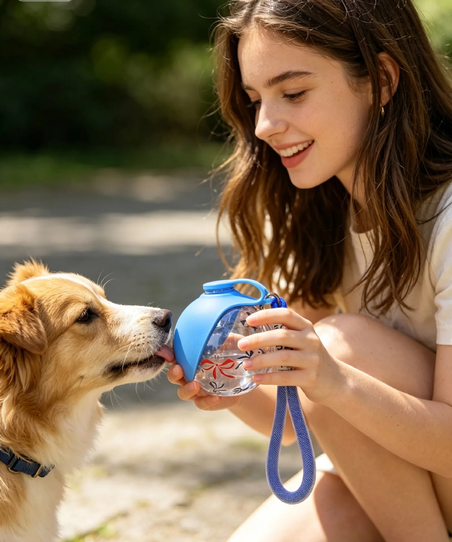 portable dog water bottle for outdoor travel with girl giving water to a dog, leak-proof 2-in-1 pet dispenser