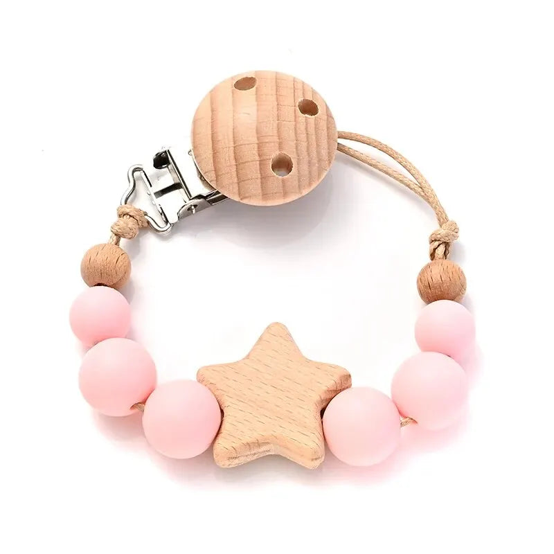 wooden pacifier clip teether pink silicone beads wooden star teether Color 9 baby soother chain for 0-24m