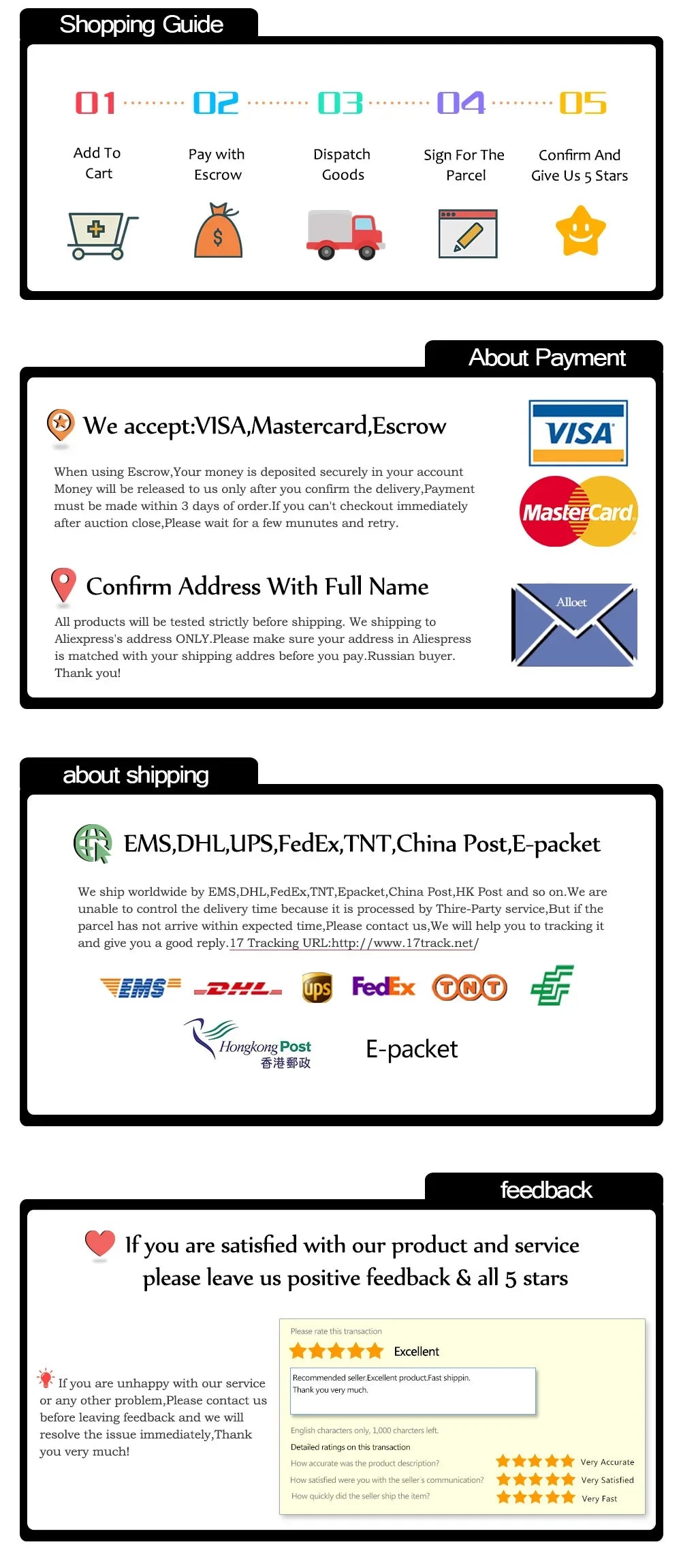 Shopping guide and payment info graphic with shipping methods, feedback request, and secure checkout icons