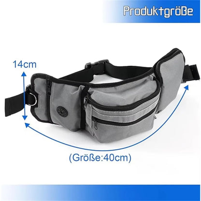 Gray dog walking waist bag with multiple zippered pockets, 40cm by 14cm size, adjustable belt
