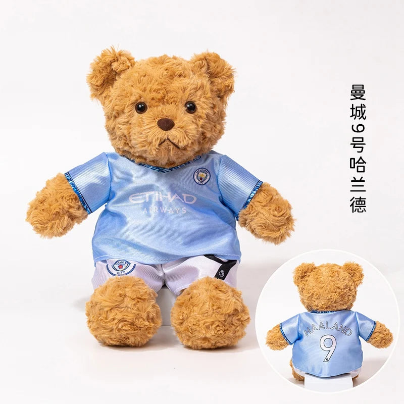 plush football player toy Haaland 9 teddy bear doll in blue Manchester City jersey, 10 cm soft souvenir