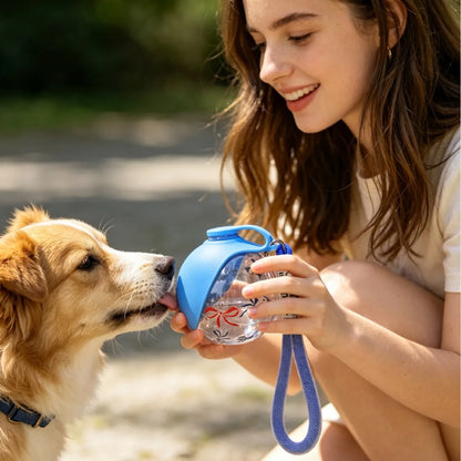 Girl giving dog water with portable dog water bottle outdoors, leak-proof travel dispenser for pets