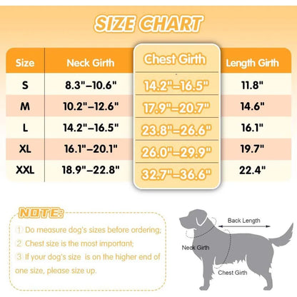 Pet tuxedo outfit size chart for dog neck, chest, and length measurements in S to XXL