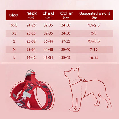 plaid pet leash set size chart for cats and dogs with adjustable harness measurements