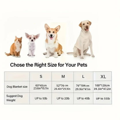 Size guide for soft flannel pet blanket for dogs and cats, showing dimensions for small, medium, large, and extra-large sizes.