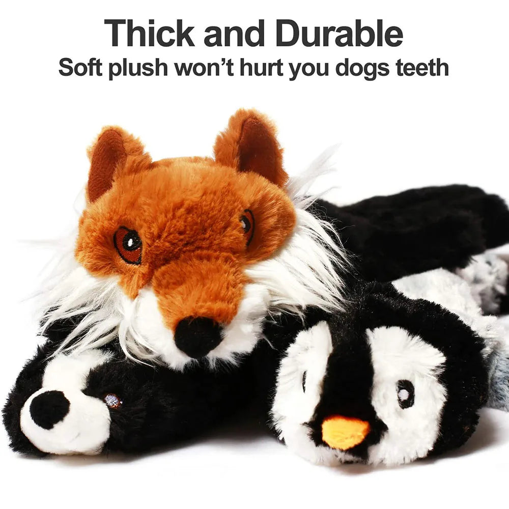 stuffingless squeaky dog toy plush fox, penguin and panda durable crinkle pet chew toys for dogs