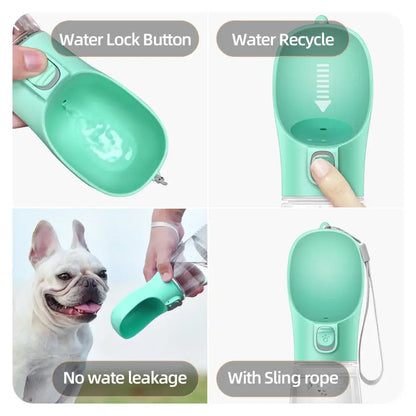 Leakproof dog water bottle with water lock button, recycle flow, sling rope, and no water leakage for outdoor travel