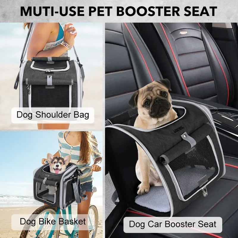 Dog or Cat Bike Basket, Expandable Soft Sided Pet Carrier Backpack with 4 Open Doors, Foldable Dog Bike Carrier