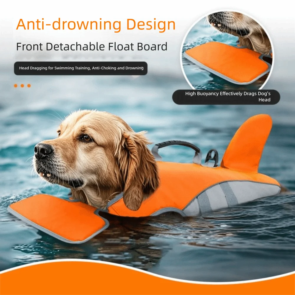 dog life jacket with anti-drowning front float board, quick-release buckle, adjustable straps, and high buoyancy for swimming