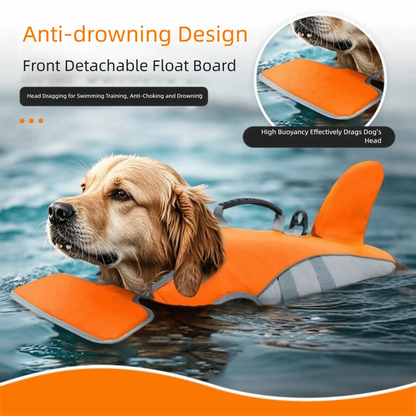 dog life jacket with anti-drowning front float board, quick-release buckle, adjustable straps, and high buoyancy for swimming