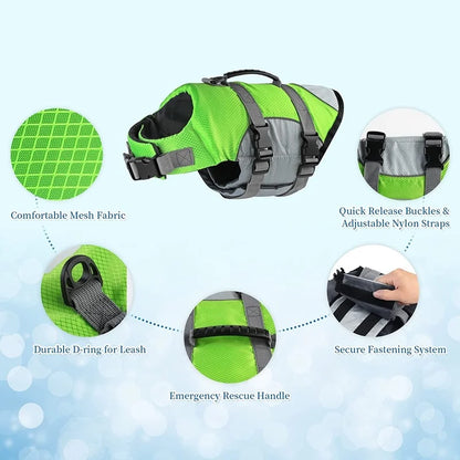 Adjustable dog life jacket features comfortable mesh fabric, emergency rescue handle, D-ring for leash, quick release buckles.