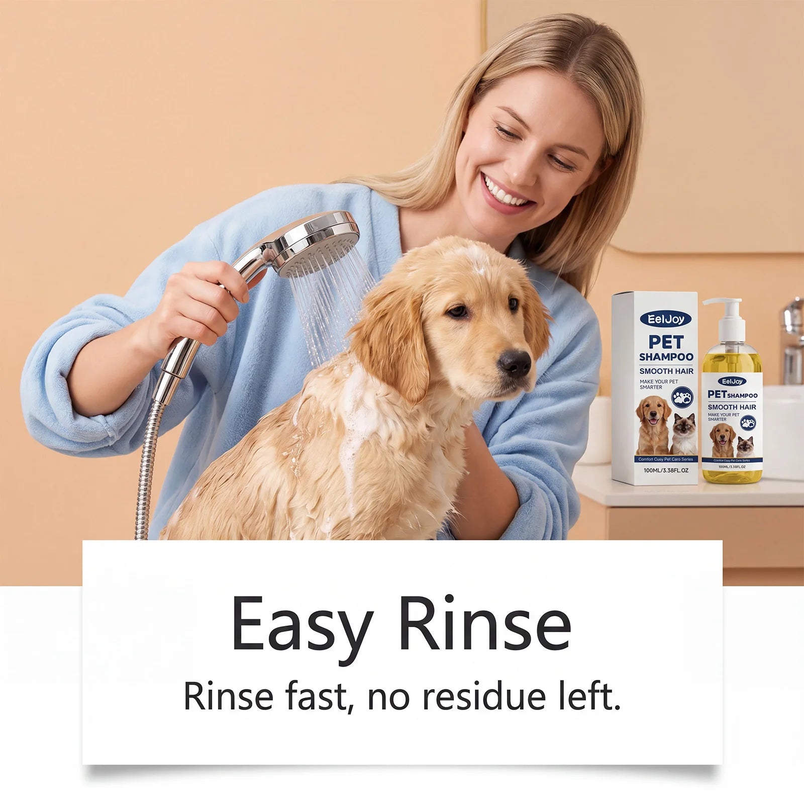 woman rinsing dog with moisturizing pet shampoo for sensitive skin, easy rinse pet cleansing shampoo
