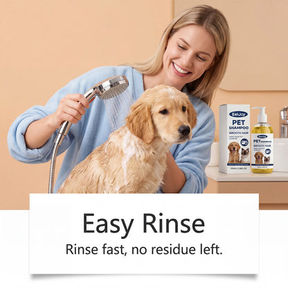 woman rinsing dog with moisturizing pet shampoo for sensitive skin, easy rinse pet cleansing shampoo