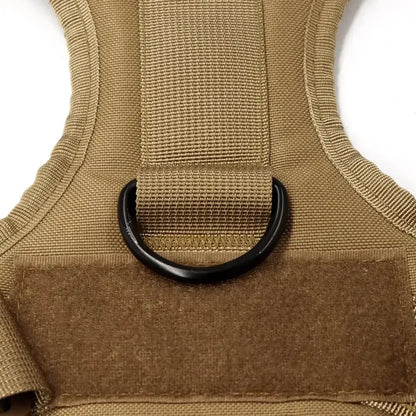 Tactical dog harness for large dogs with padded nylon vest, quick-release buckle, and sturdy D-ring for training
