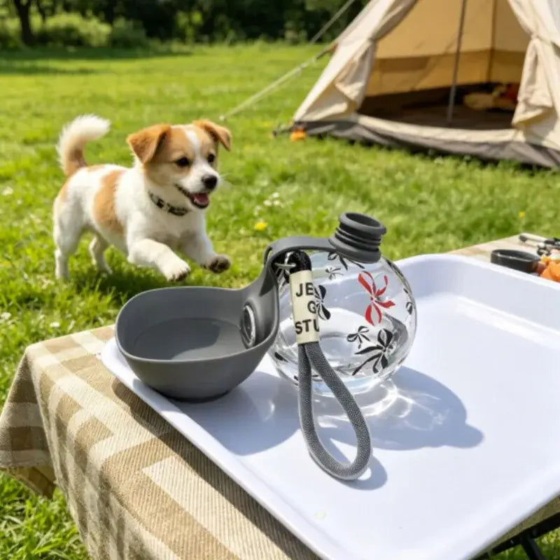 portable dog water bottle with lanyard and bowl for outdoor travel pet drinking at campsite